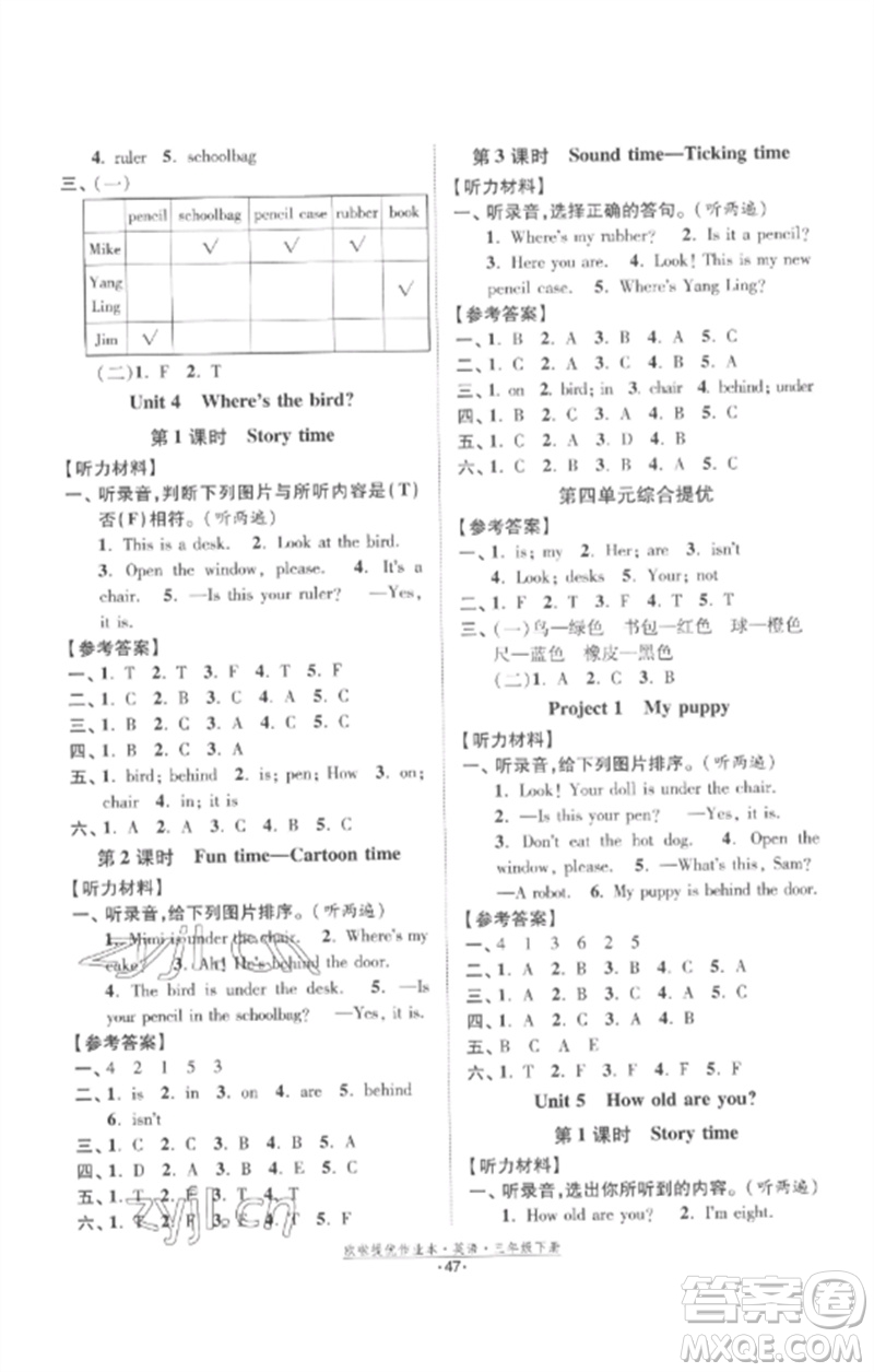 江蘇鳳凰美術(shù)出版社2023歐啦提優(yōu)作業(yè)本三年級英語下冊譯林版參考答案