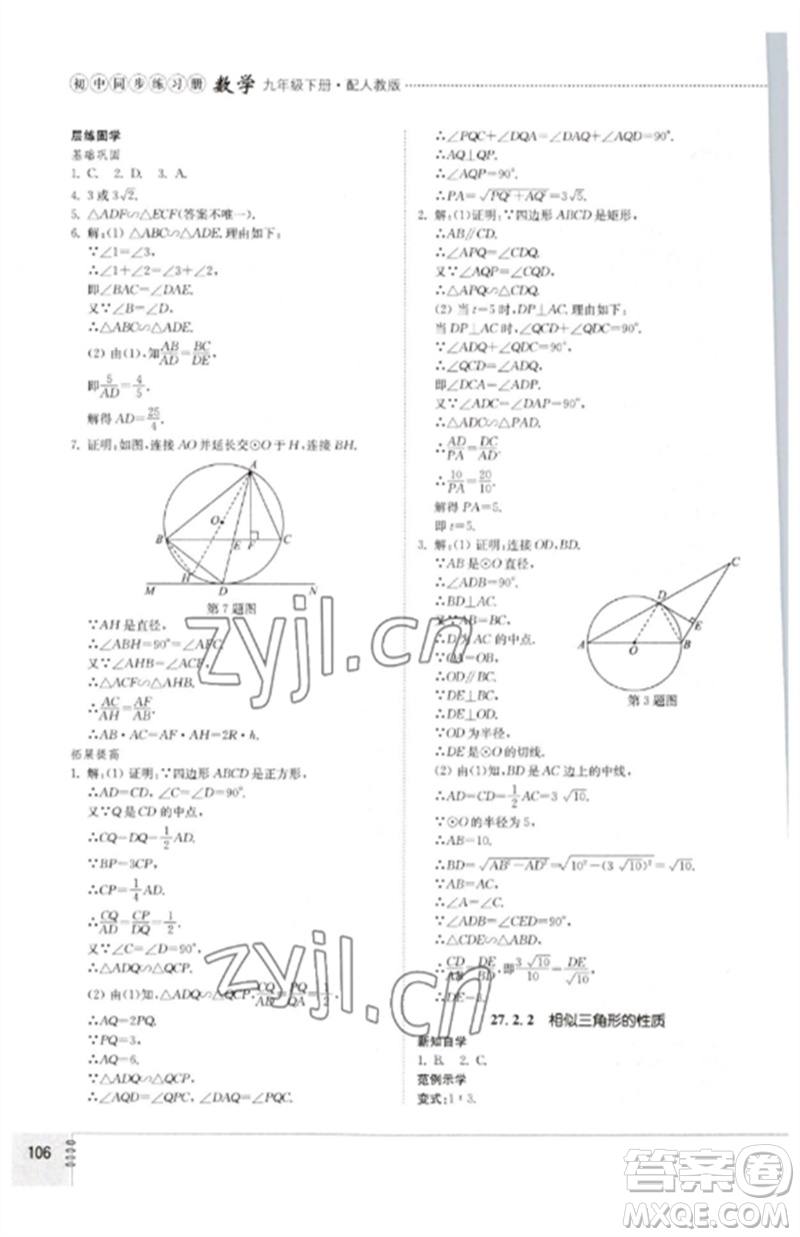 山東教育出版社2023初中同步練習(xí)冊(cè)九年級(jí)數(shù)學(xué)下冊(cè)人教版參考答案