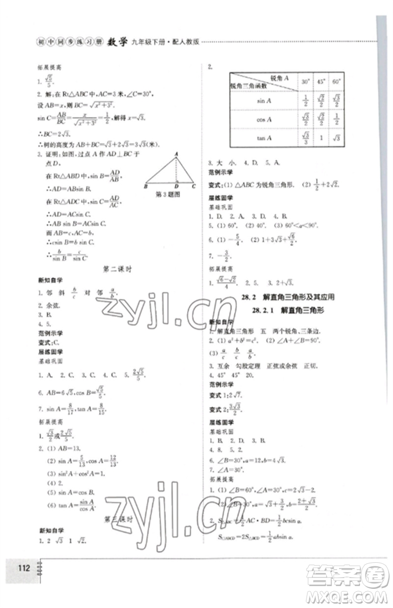 山東教育出版社2023初中同步練習(xí)冊(cè)九年級(jí)數(shù)學(xué)下冊(cè)人教版參考答案