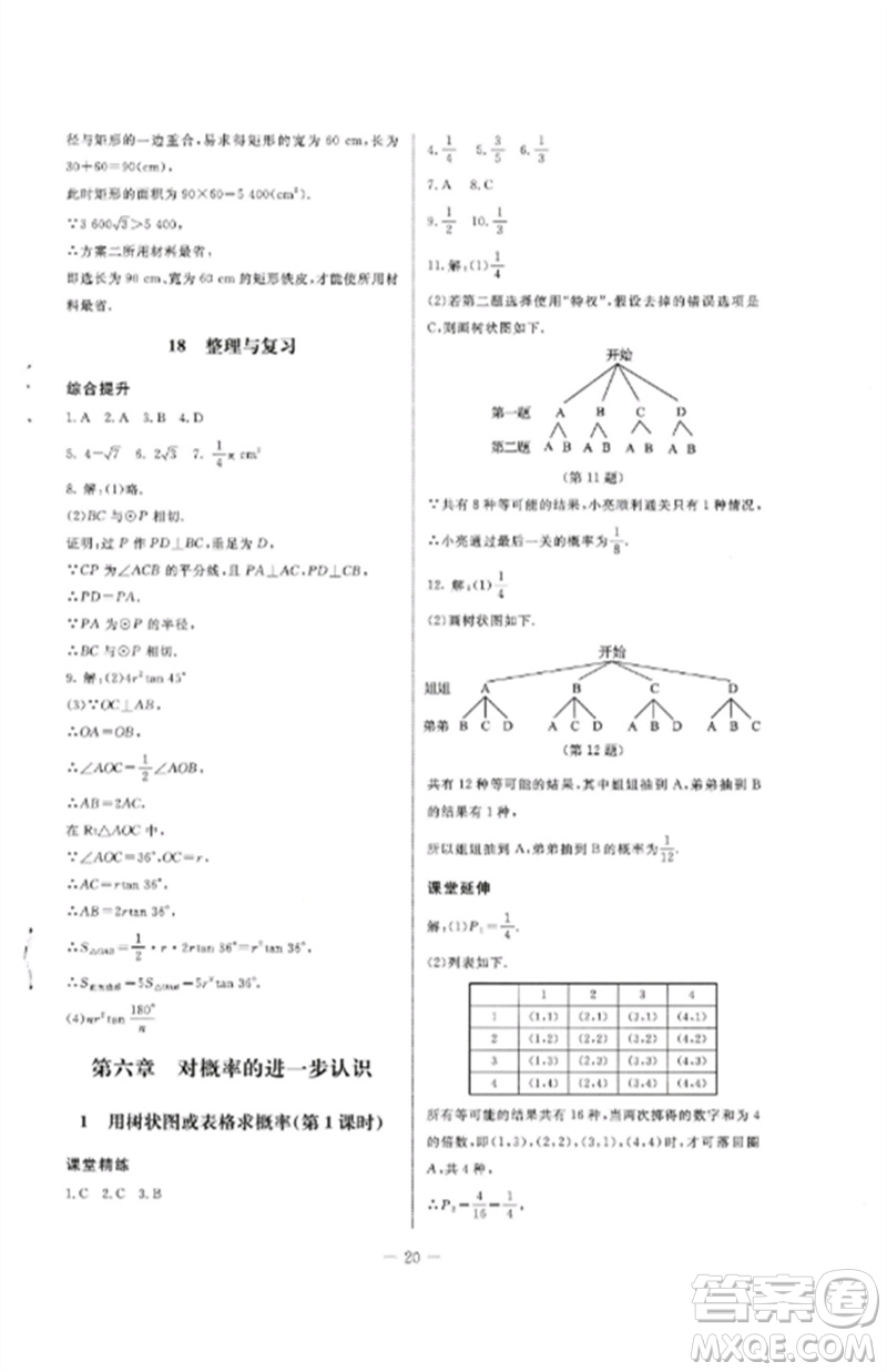 北京師范大學(xué)出版社2023初中同步練習(xí)冊九年級數(shù)學(xué)下冊魯教版五四制參考答案