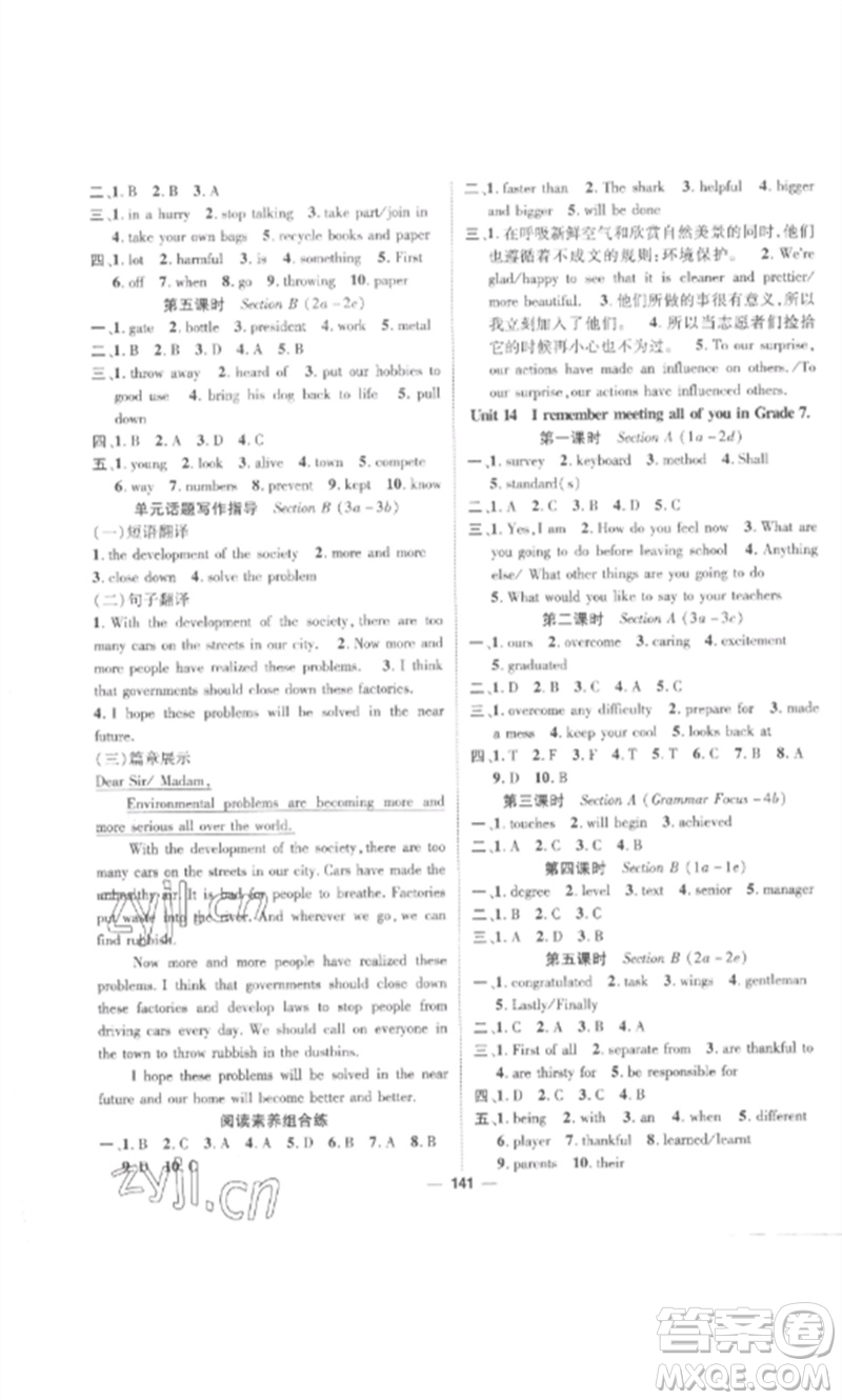 江西教育出版社2023精英新課堂三點(diǎn)分層作業(yè)九年級英語下冊人教版參考答案