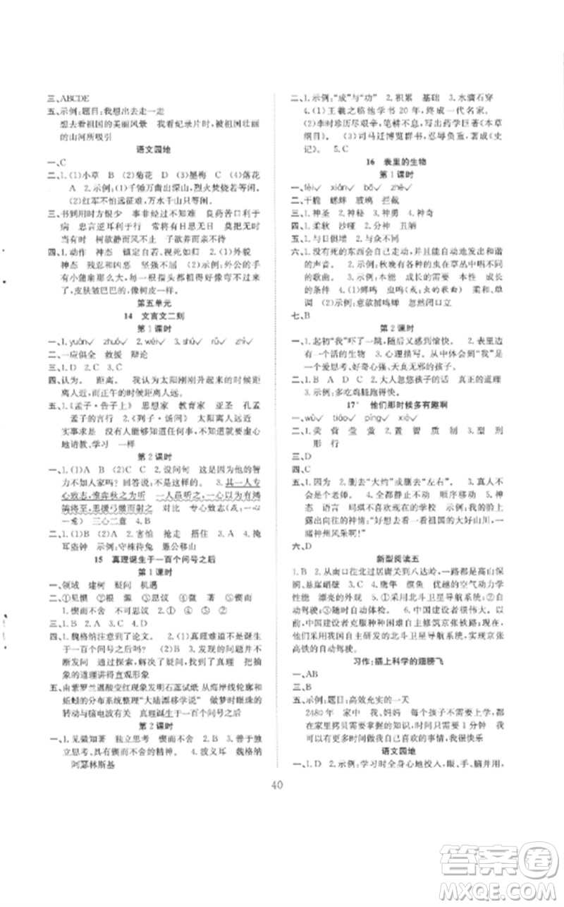 安徽文藝出版社2023新經(jīng)典練與測(cè)六年級(jí)語(yǔ)文下冊(cè)人教版參考答案