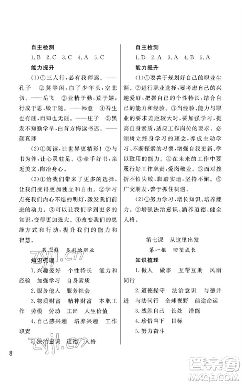 武漢出版社2023智慧學習天天向上課堂作業(yè)九年級道德與法治下冊人教版參考答案