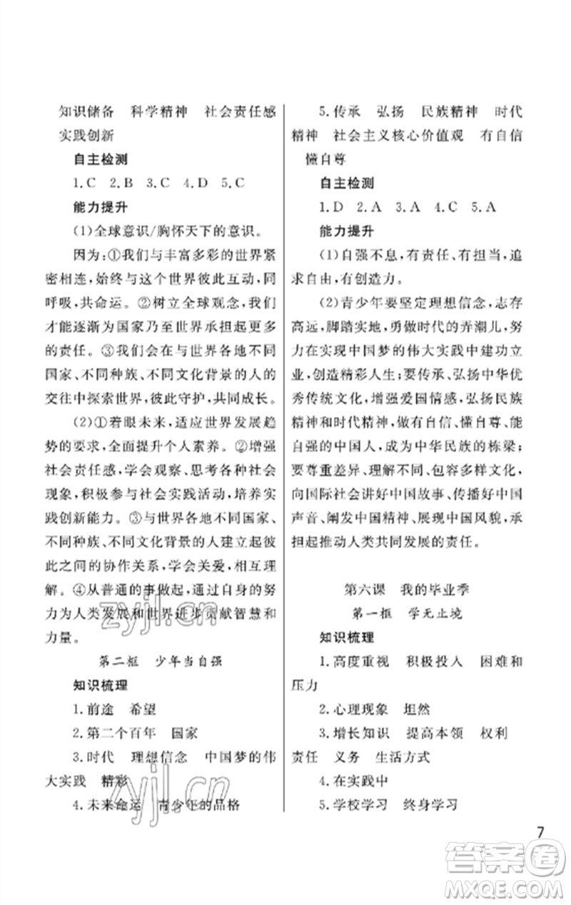 武漢出版社2023智慧學習天天向上課堂作業(yè)九年級道德與法治下冊人教版參考答案