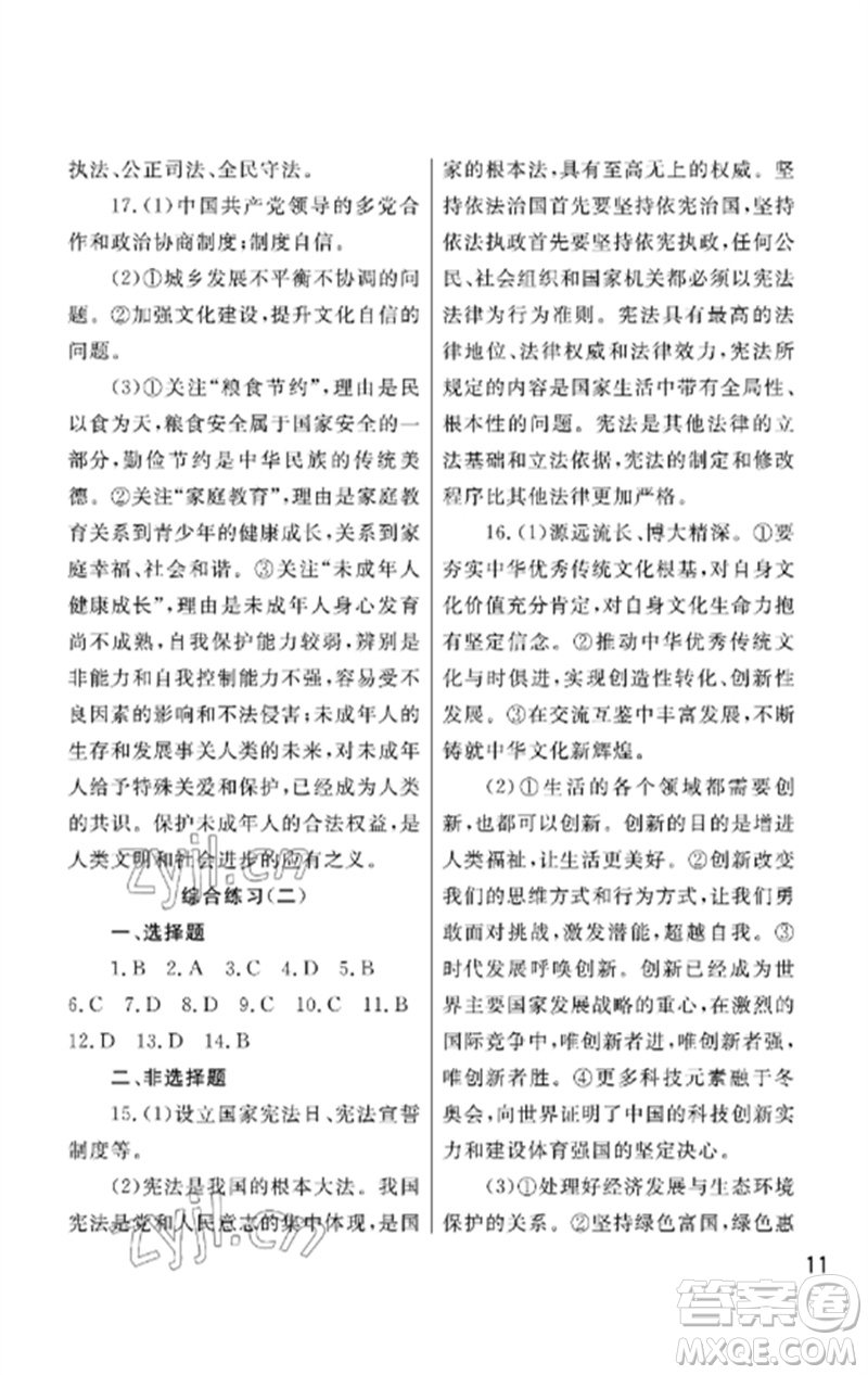 武漢出版社2023智慧學習天天向上課堂作業(yè)九年級道德與法治下冊人教版參考答案