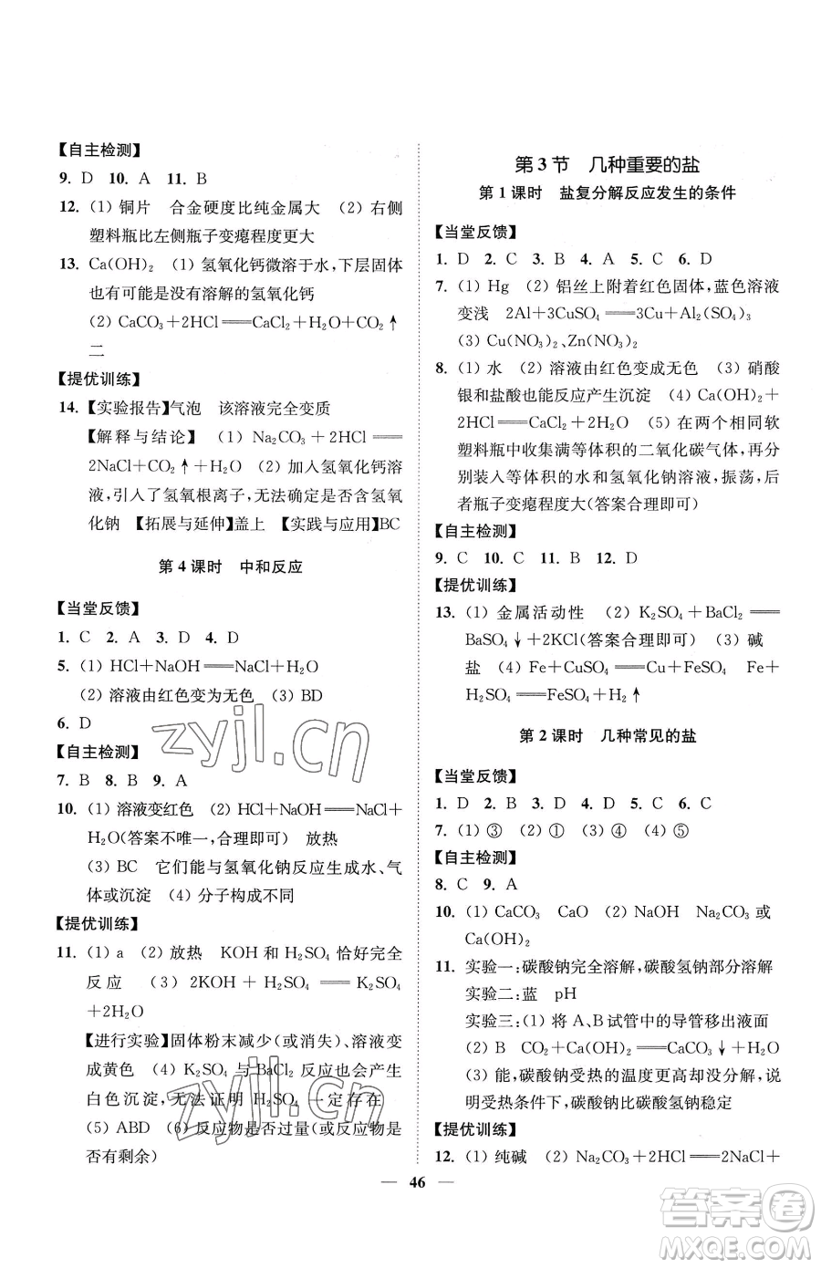 延邊大學出版社2023南通小題課時作業(yè)本九年級下冊道化學滬教版參考答案