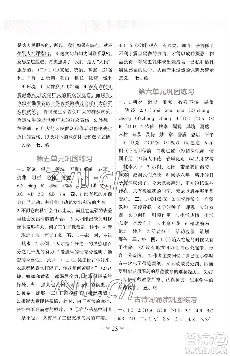 廣西師范大學(xué)出版社2023課堂小作業(yè)六年級(jí)下冊(cè)語文人教版參考答案