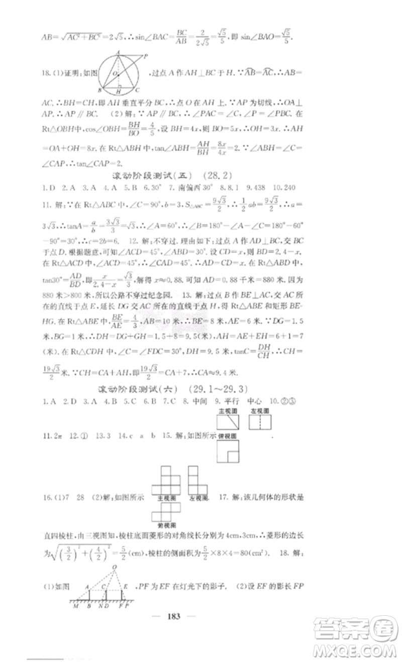 四川大學(xué)出版社2023課堂點睛九年級數(shù)學(xué)下冊人教版安徽專版參考答案