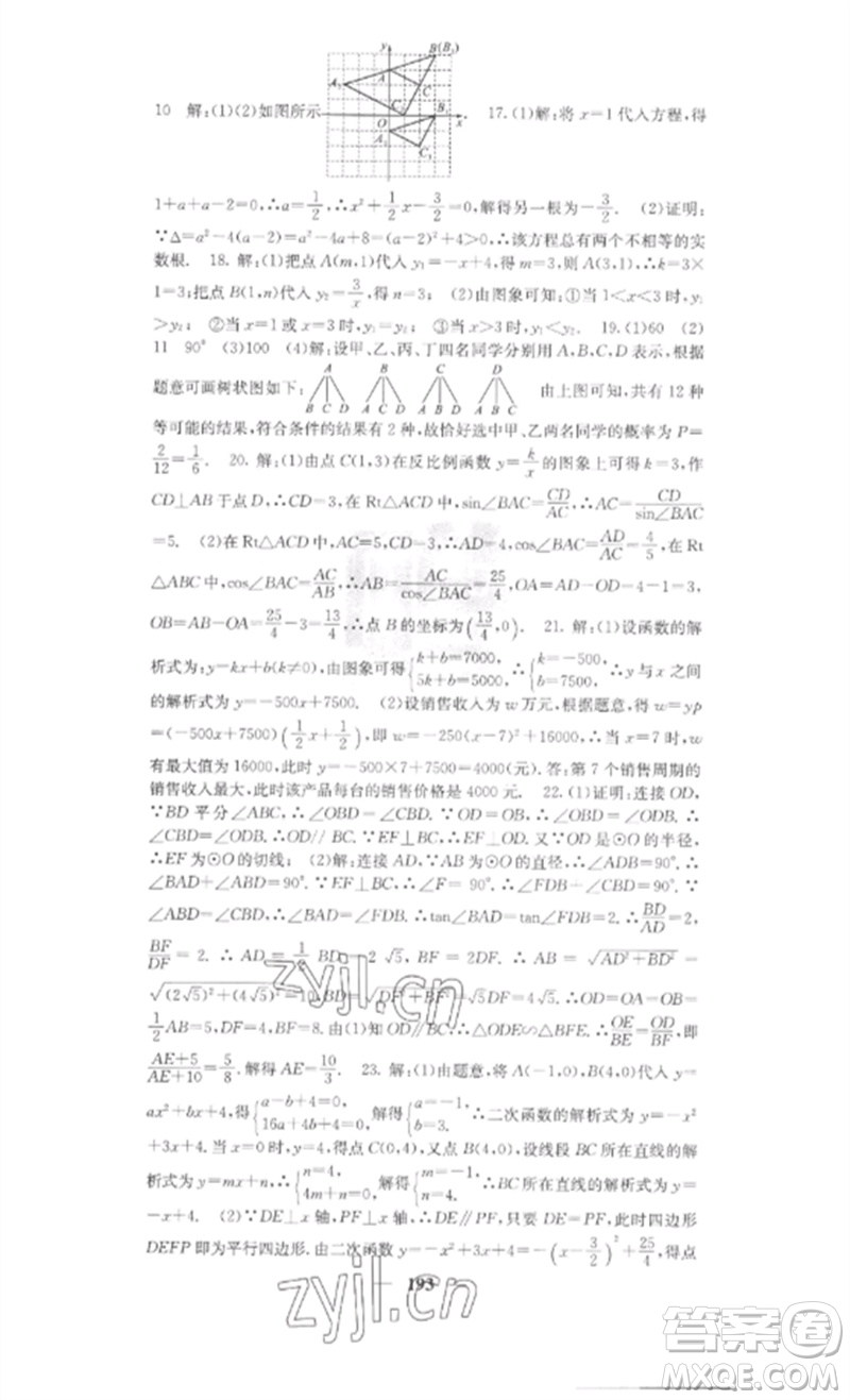 四川大學(xué)出版社2023課堂點睛九年級數(shù)學(xué)下冊人教版安徽專版參考答案