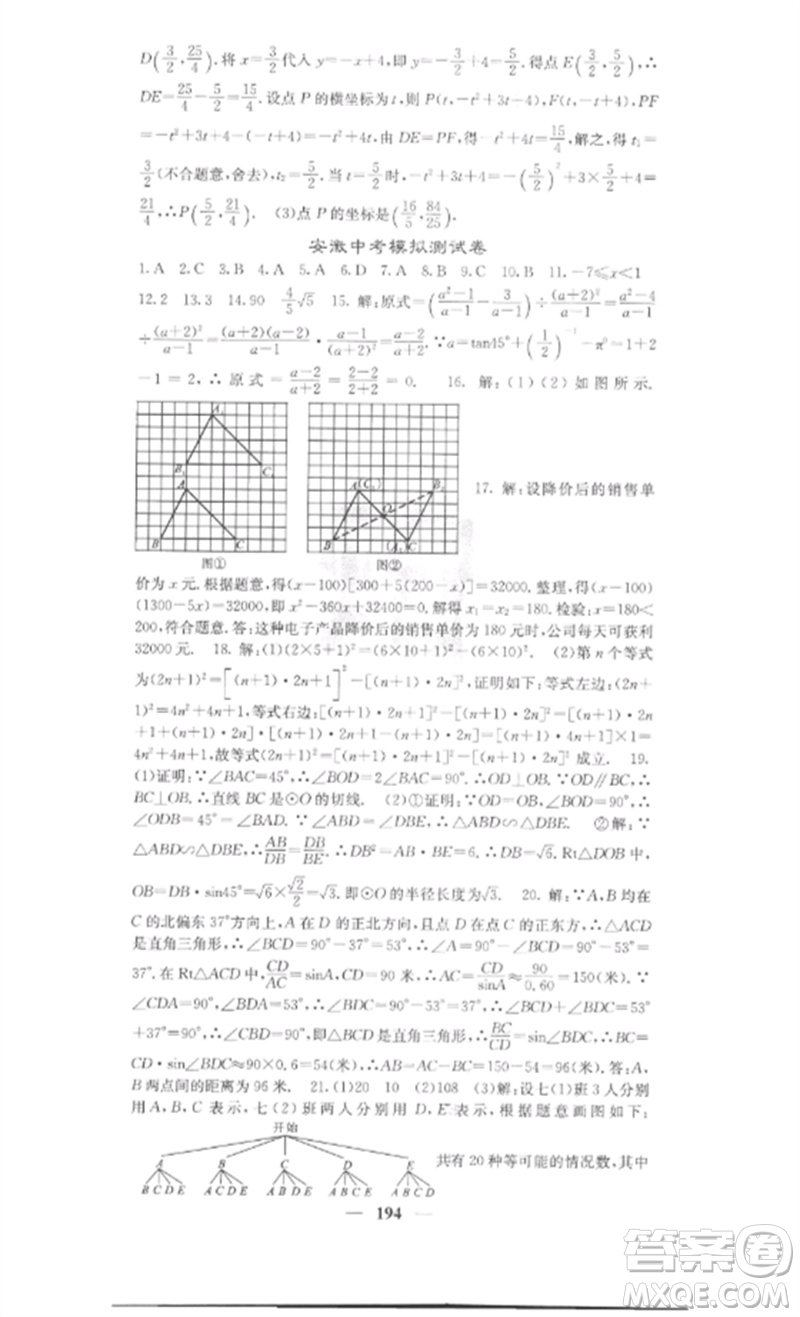 四川大學(xué)出版社2023課堂點睛九年級數(shù)學(xué)下冊人教版安徽專版參考答案