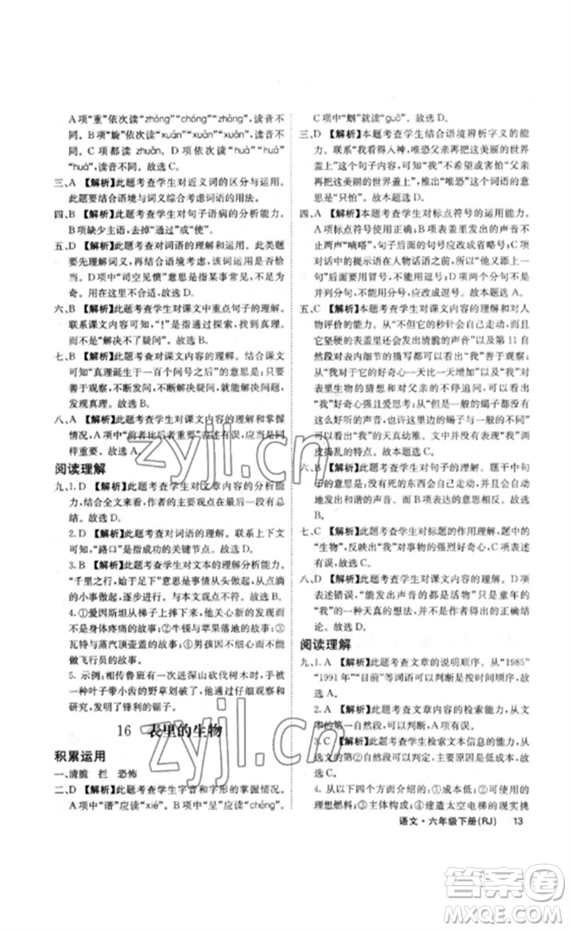 沈陽出版社2023課堂點睛六年級語文下冊人教版福建專版參考答案