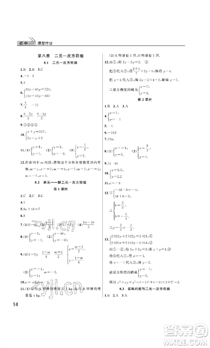 武漢出版社2023智慧學(xué)習(xí)天天向上課堂作業(yè)七年級(jí)數(shù)學(xué)下冊(cè)人教版參考答案