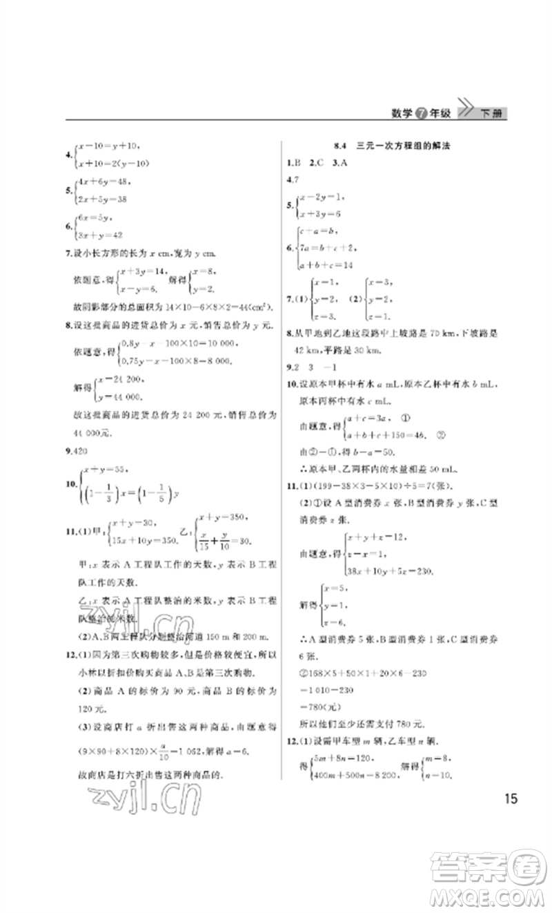 武漢出版社2023智慧學(xué)習(xí)天天向上課堂作業(yè)七年級(jí)數(shù)學(xué)下冊(cè)人教版參考答案