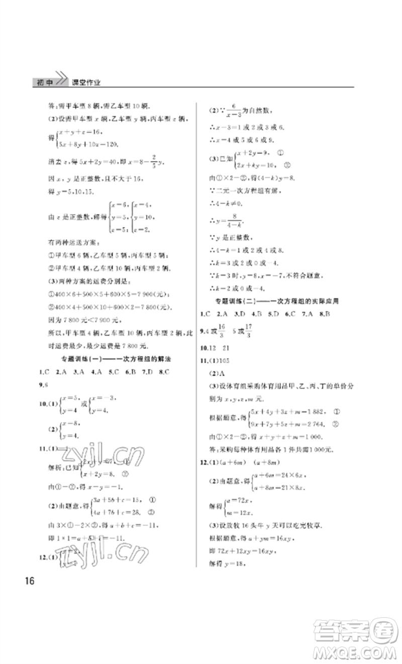 武漢出版社2023智慧學(xué)習(xí)天天向上課堂作業(yè)七年級(jí)數(shù)學(xué)下冊(cè)人教版參考答案