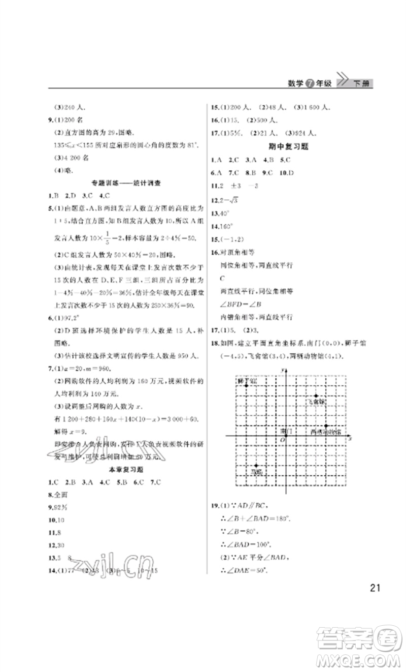 武漢出版社2023智慧學(xué)習(xí)天天向上課堂作業(yè)七年級(jí)數(shù)學(xué)下冊(cè)人教版參考答案