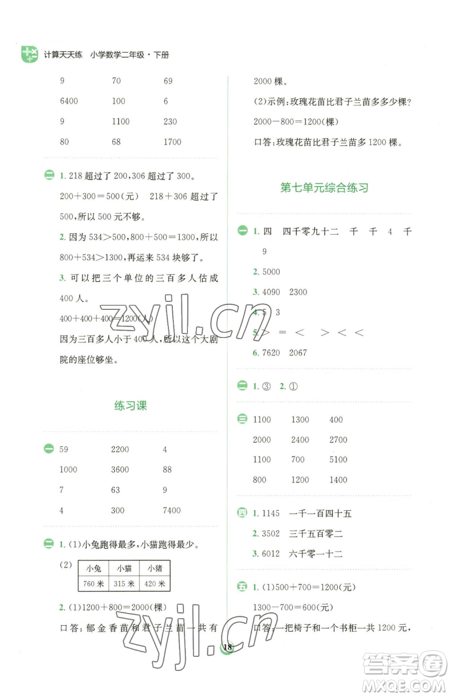 文化發(fā)展出版社2023金牛耳計算天天練二年級下冊數(shù)學(xué)人教版參考答案