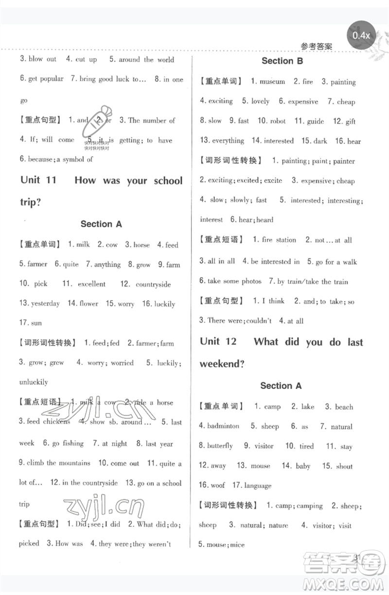 吉林人民出版社2023全科王同步課時(shí)練習(xí)七年級(jí)英語(yǔ)下冊(cè)人教版參考答案