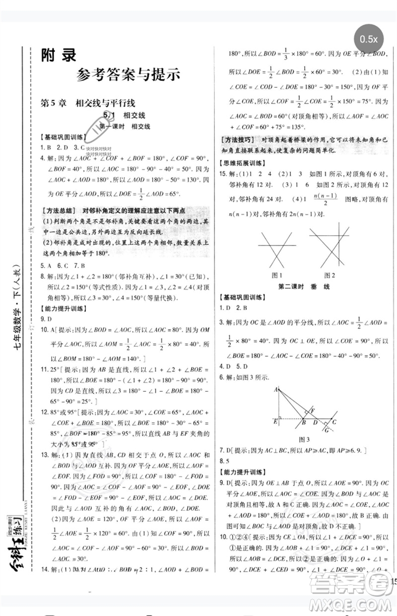 吉林人民出版社2023全科王同步課時(shí)練習(xí)七年級數(shù)學(xué)下冊人教版參考答案