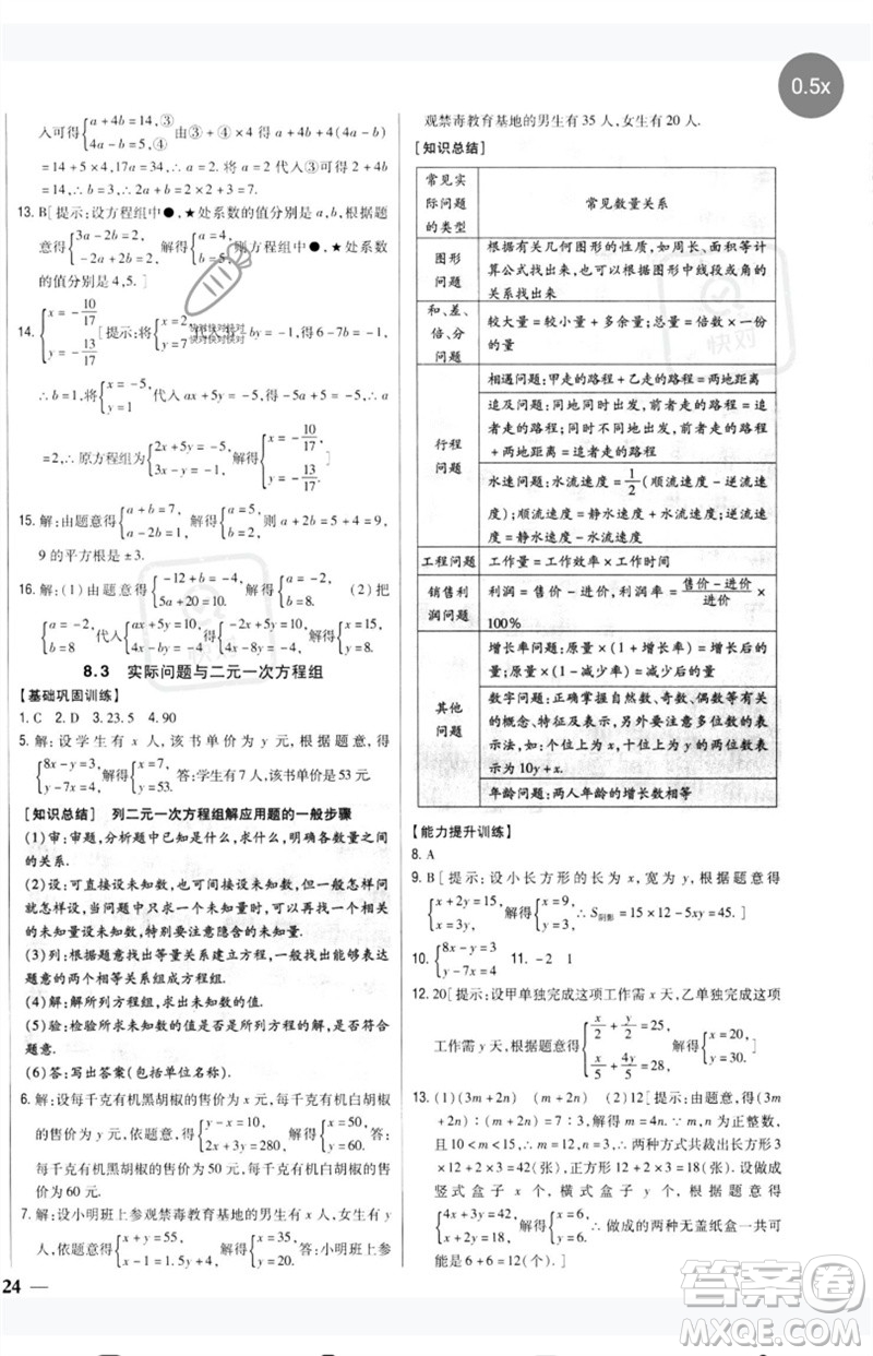 吉林人民出版社2023全科王同步課時(shí)練習(xí)七年級數(shù)學(xué)下冊人教版參考答案