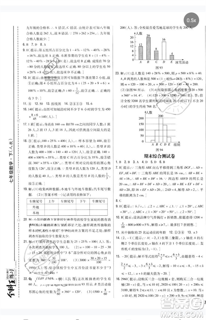 吉林人民出版社2023全科王同步課時(shí)練習(xí)七年級數(shù)學(xué)下冊人教版參考答案