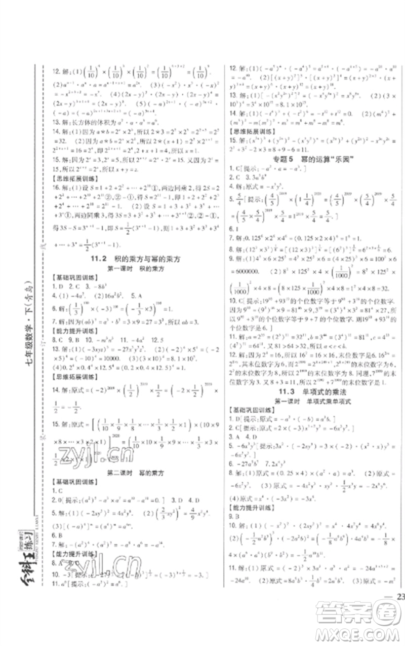 吉林人民出版社2023全科王同步課時(shí)練習(xí)七年級(jí)數(shù)學(xué)下冊青島版參考答案