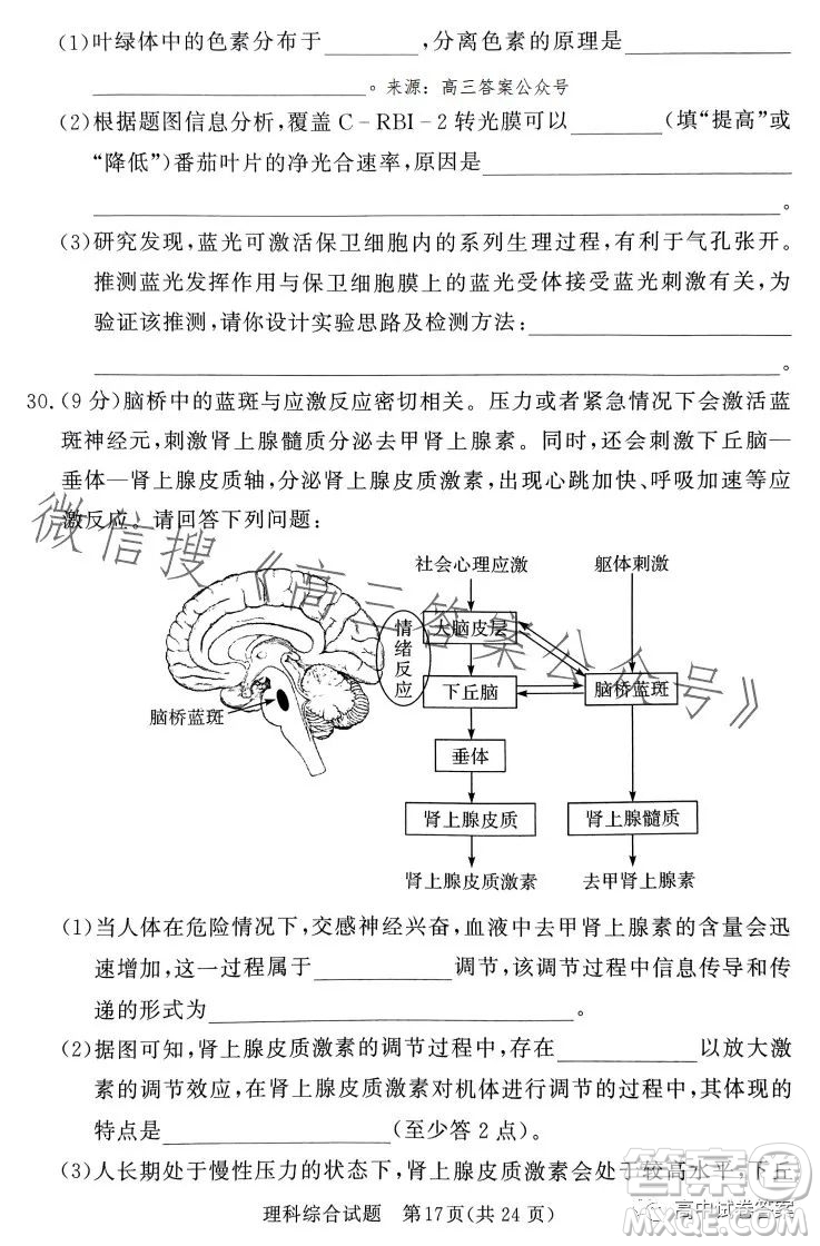 湘豫名校聯(lián)考2023年5月高三第三次模擬考試?yán)砜凭C合試卷答案