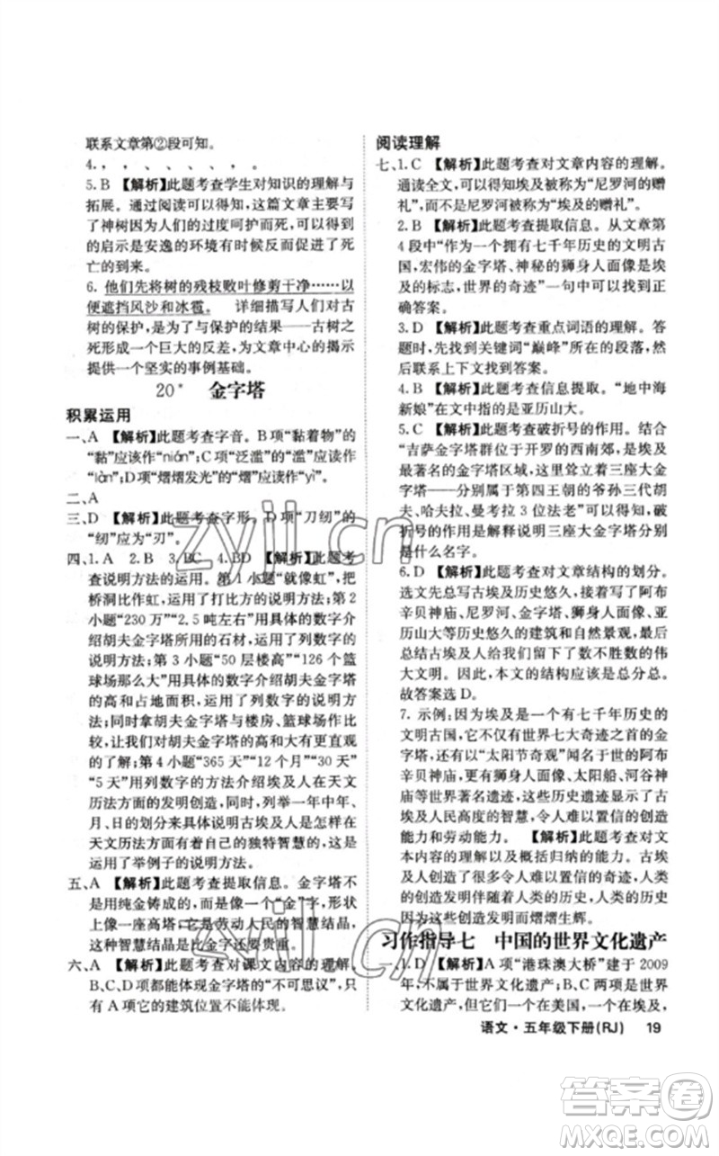 沈陽出版社2023課堂點(diǎn)睛五年級語文下冊人教版福建專版參考答案