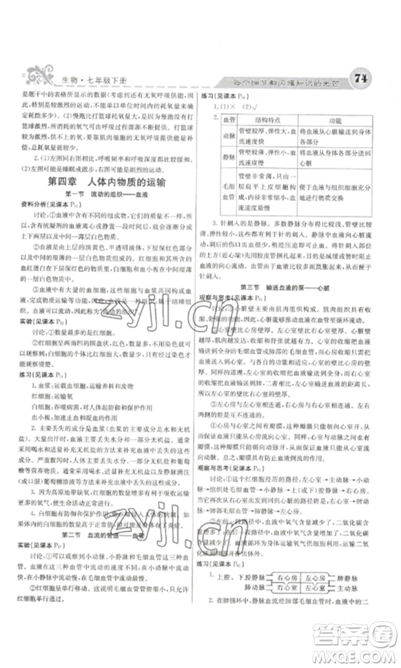 四川大學(xué)出版社2023課堂點(diǎn)睛七年級(jí)生物下冊(cè)人教版參考答案