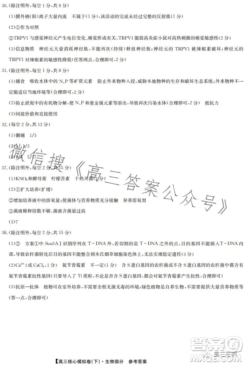 九師聯(lián)盟2022-2023學年高三核心模擬卷下理科綜合一答案