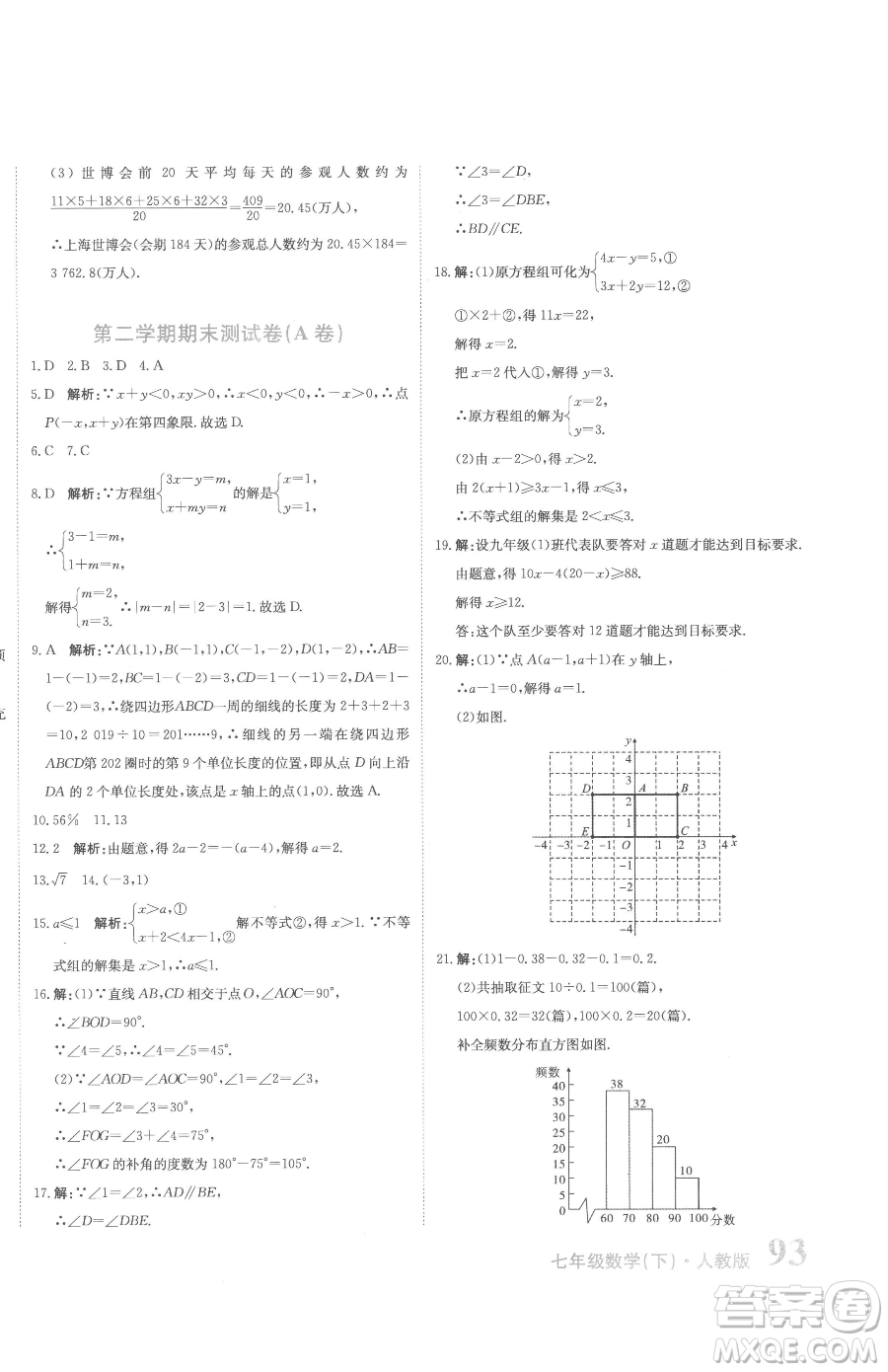 北京教育出版社2023提分教練優(yōu)學導練測七年級下冊數學人教版參考答案