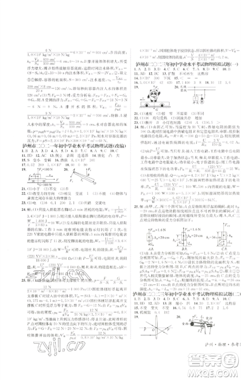 長(zhǎng)江出版社2023中考復(fù)習(xí)總動(dòng)員九年級(jí)物理通用版瀘州專版參考答案