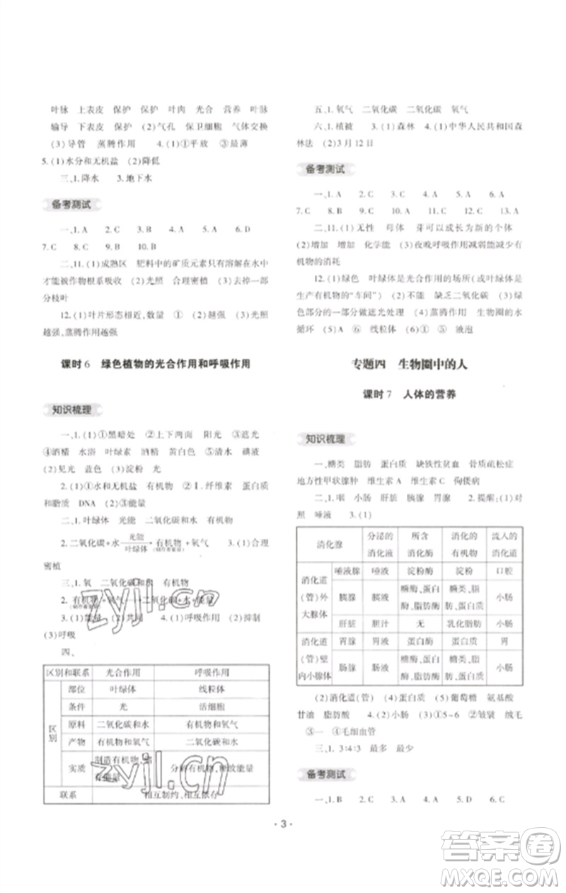 大象出版社2023中考復(fù)習(xí)精講與測(cè)試九年級(jí)生物通用版參考答案