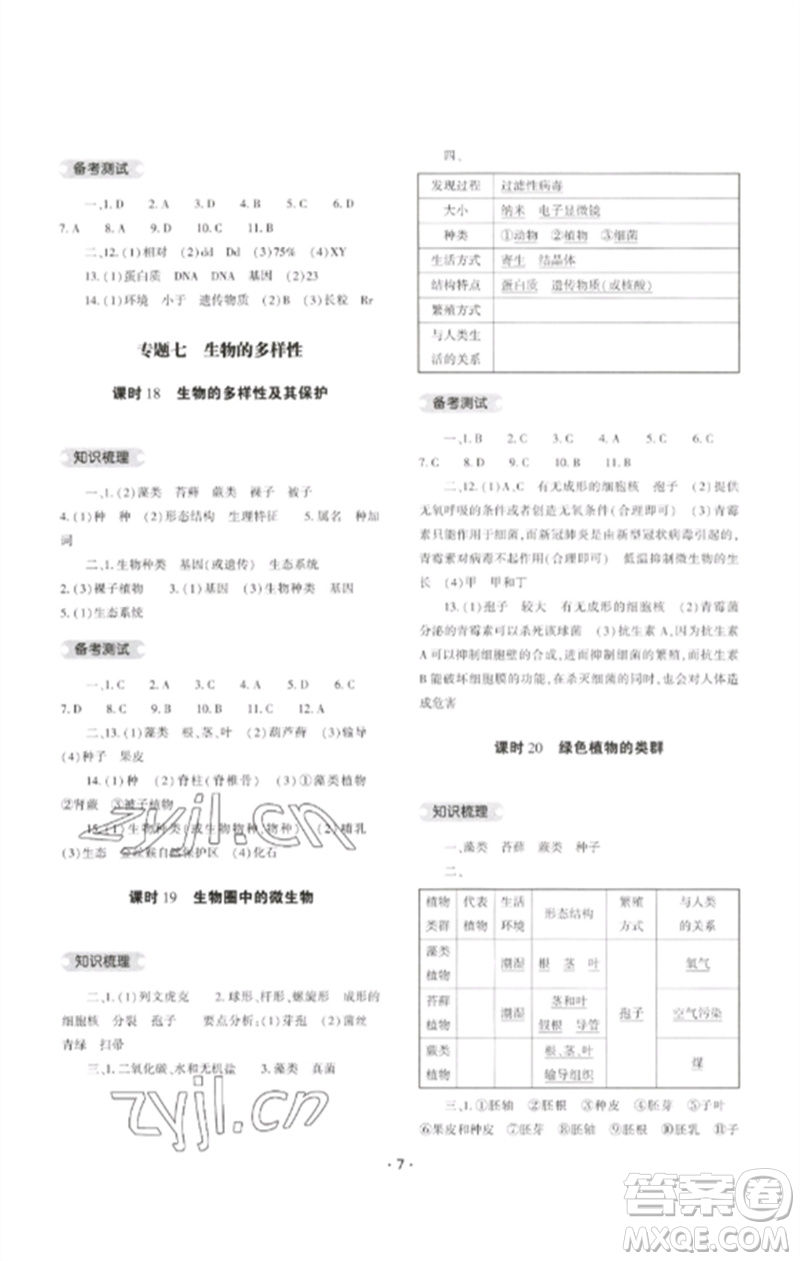 大象出版社2023中考復(fù)習(xí)精講與測(cè)試九年級(jí)生物通用版參考答案