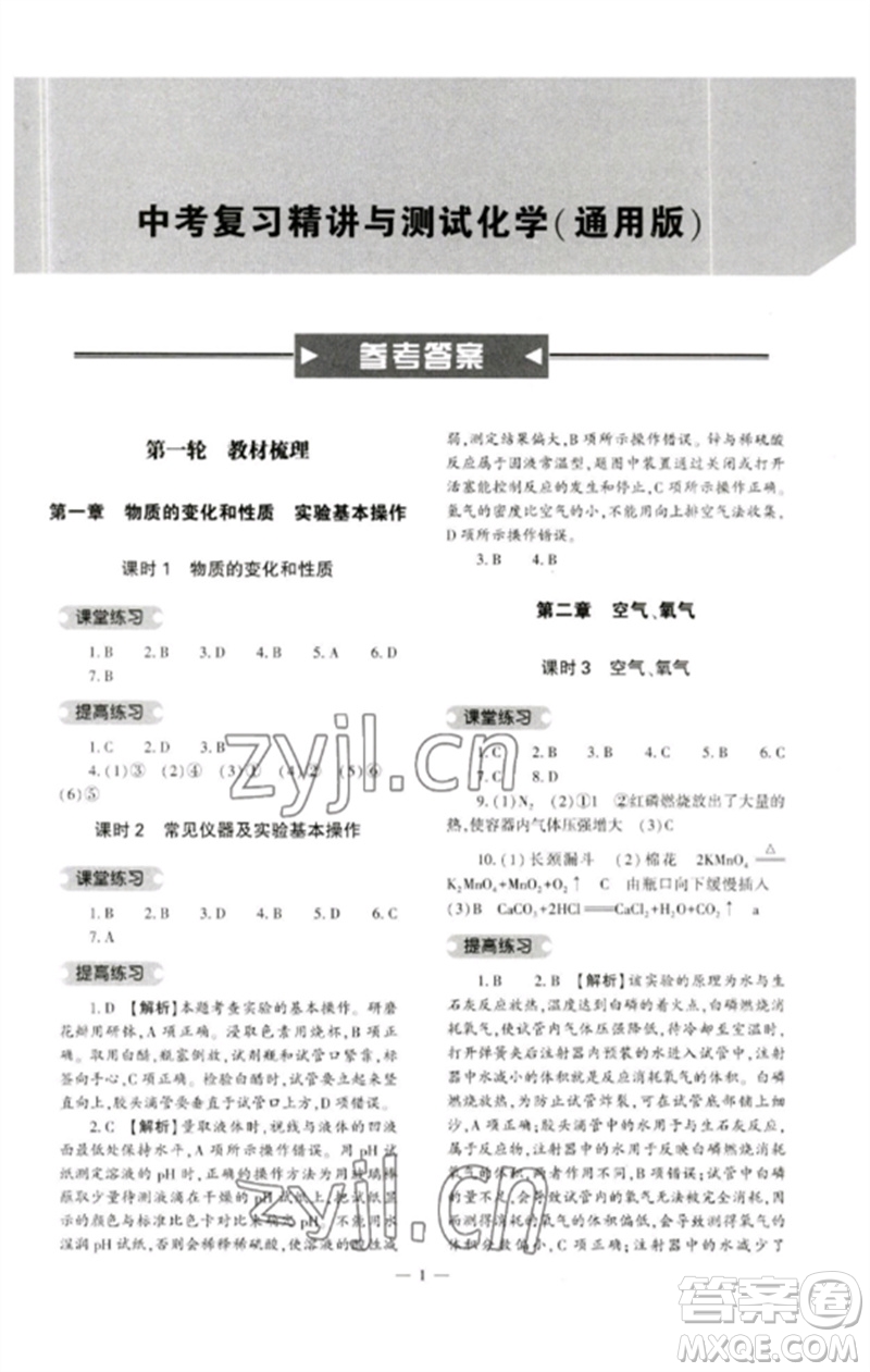 大象出版社2023中考復習精講與測試九年級化學通用版參考答案