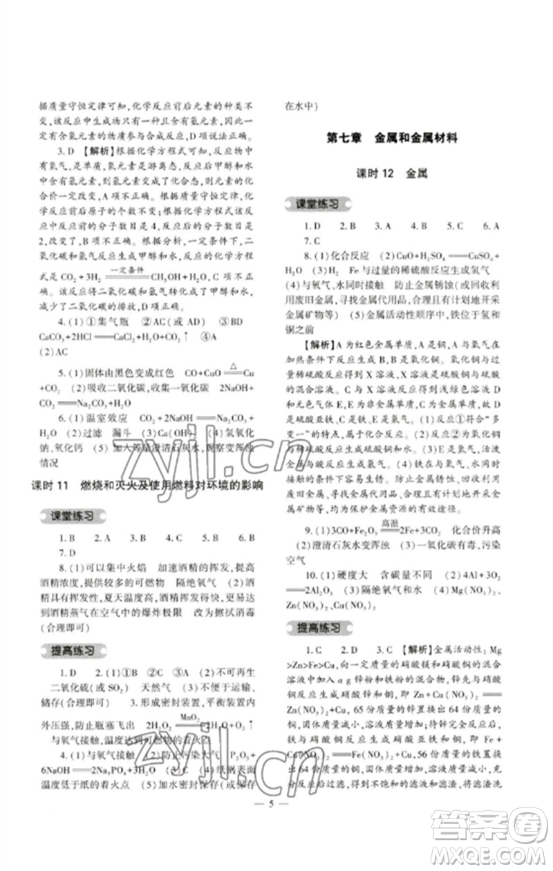 大象出版社2023中考復習精講與測試九年級化學通用版參考答案