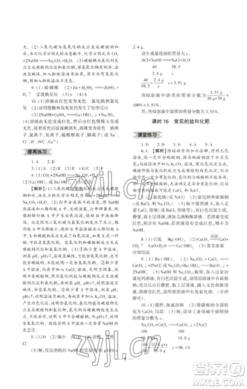 大象出版社2023中考復習精講與測試九年級化學通用版參考答案