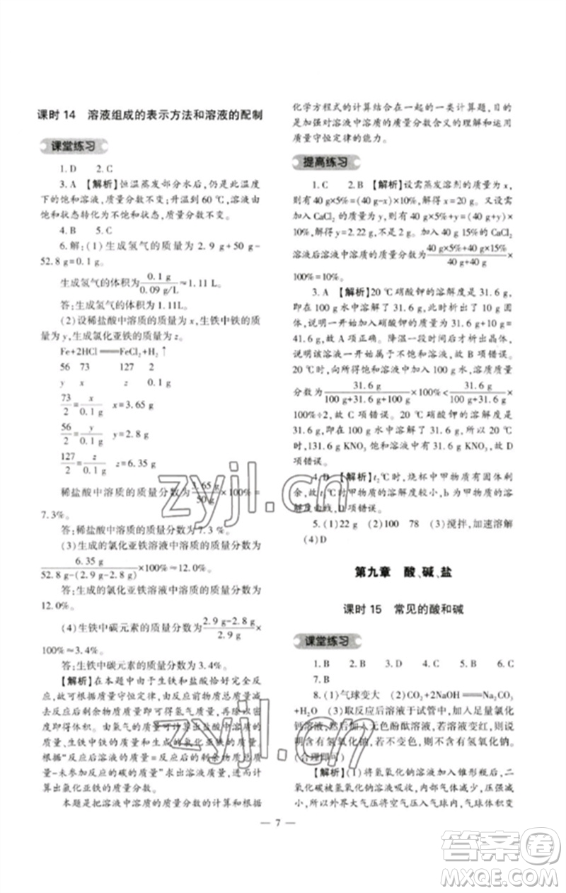 大象出版社2023中考復習精講與測試九年級化學通用版參考答案