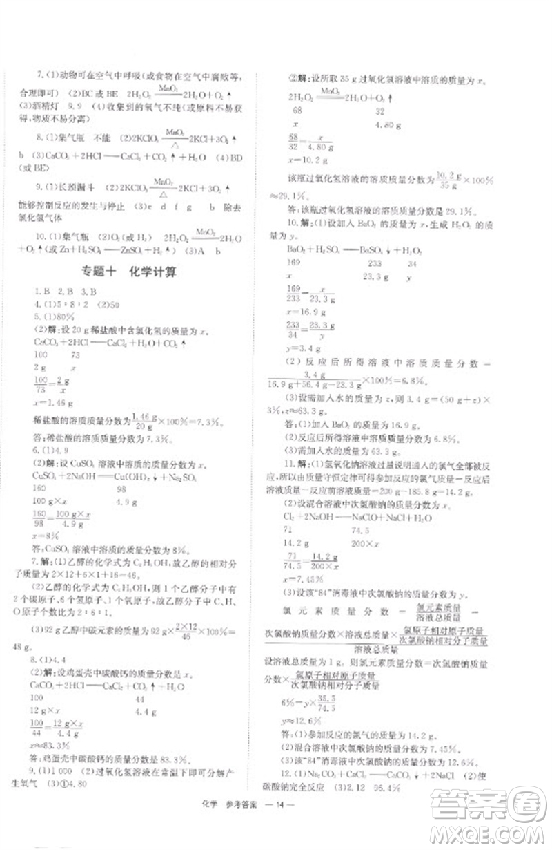 湖南師范大學(xué)出版社2023全程奪冠中考突破九年級(jí)化學(xué)通用版參考答案