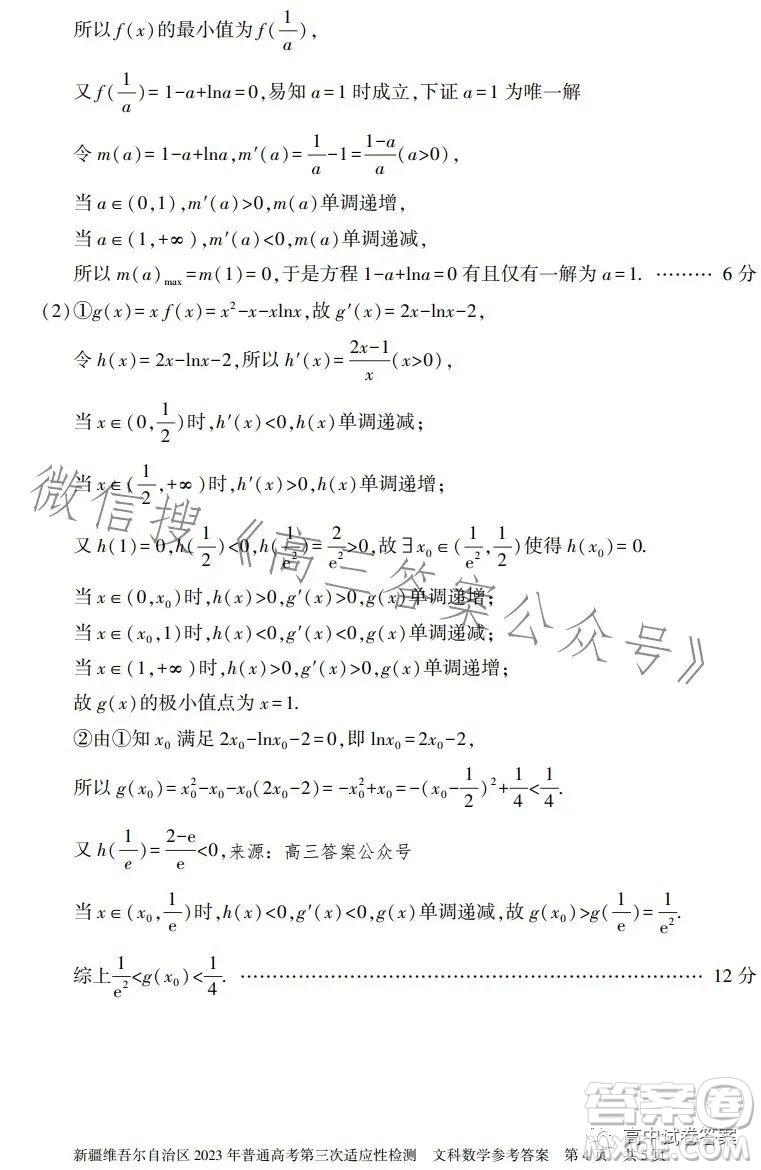 新疆維吾爾自治區(qū)2023年普通高考第三次適應(yīng)性檢測(cè)文科數(shù)學(xué)試卷答案