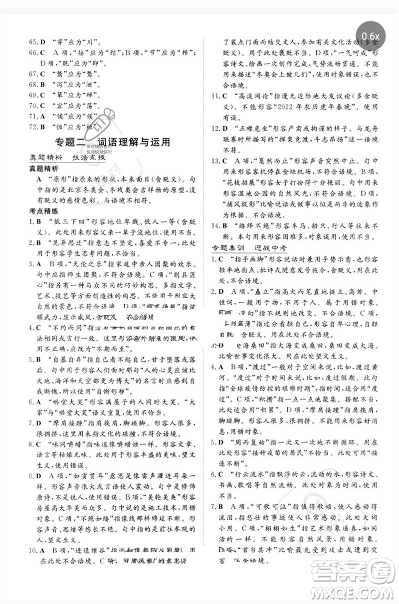 陜西人民教育出版社2023初中總復習導與練九年級語文通用版包頭專版參考答案