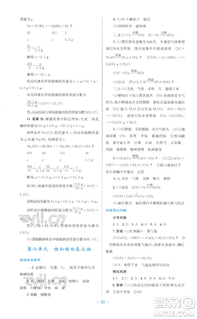 人民教育出版社2023初中總復習優(yōu)化設計九年級化學人教版參考答案