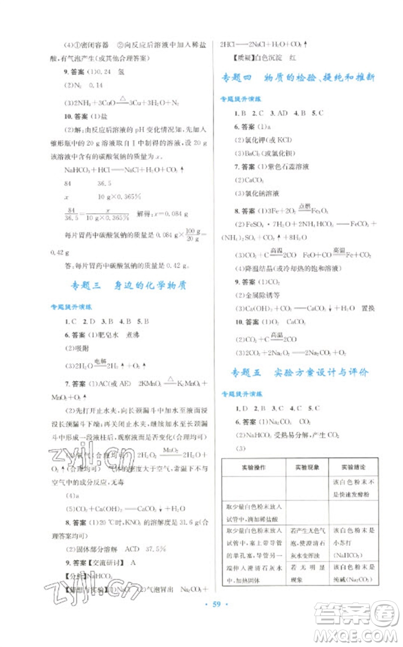 人民教育出版社2023初中總復習優(yōu)化設計九年級化學人教版參考答案