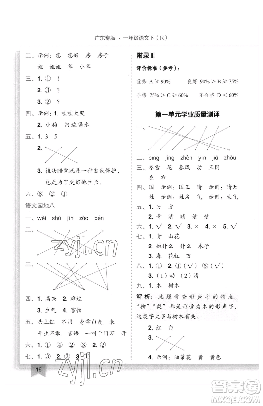 龍門書局2023黃岡小狀元作業(yè)本一年級下冊語文人教版廣東專版參考答案