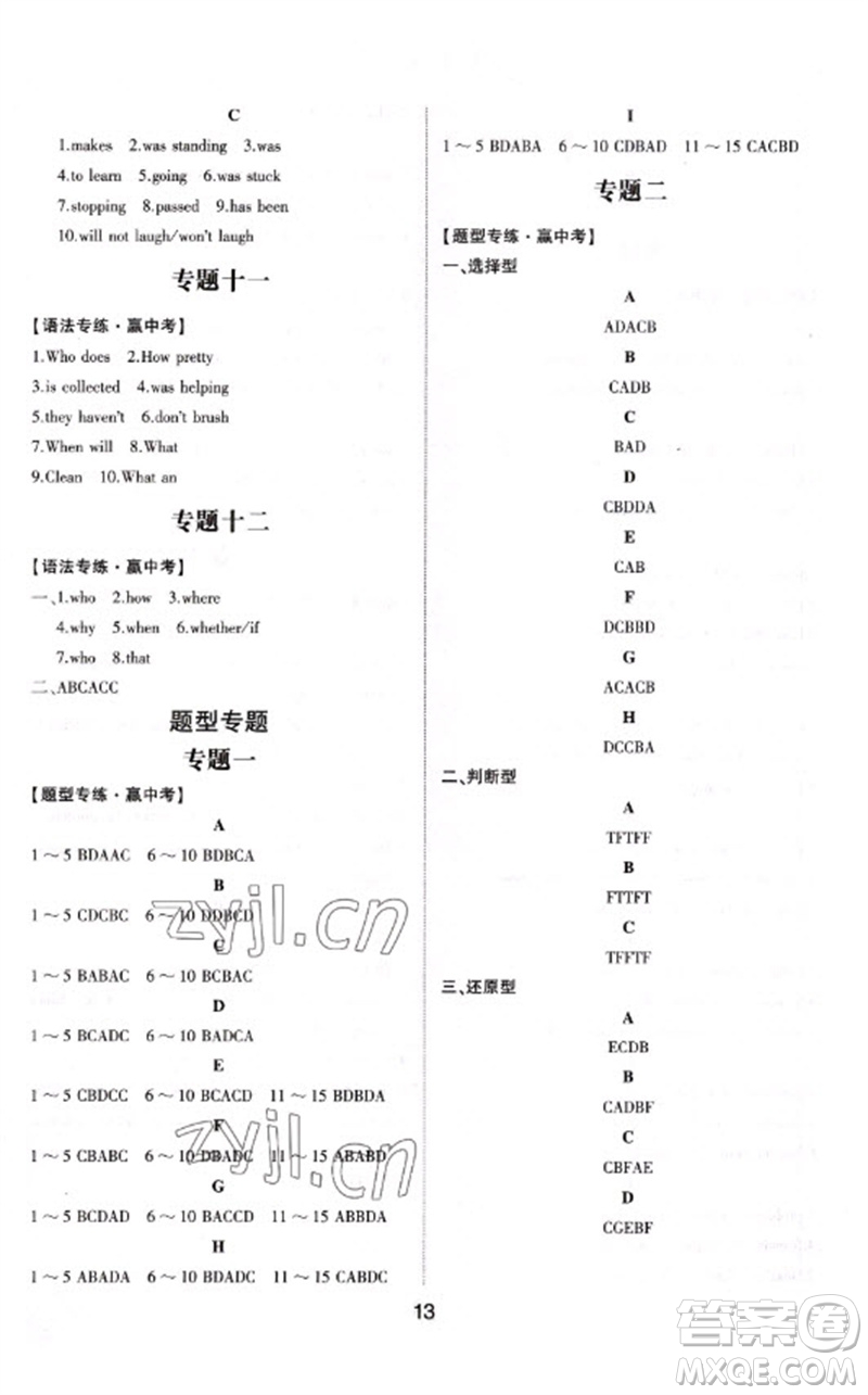 山東科學技術(shù)出版社2023初中總復習手冊九年級英語通用版參考答案