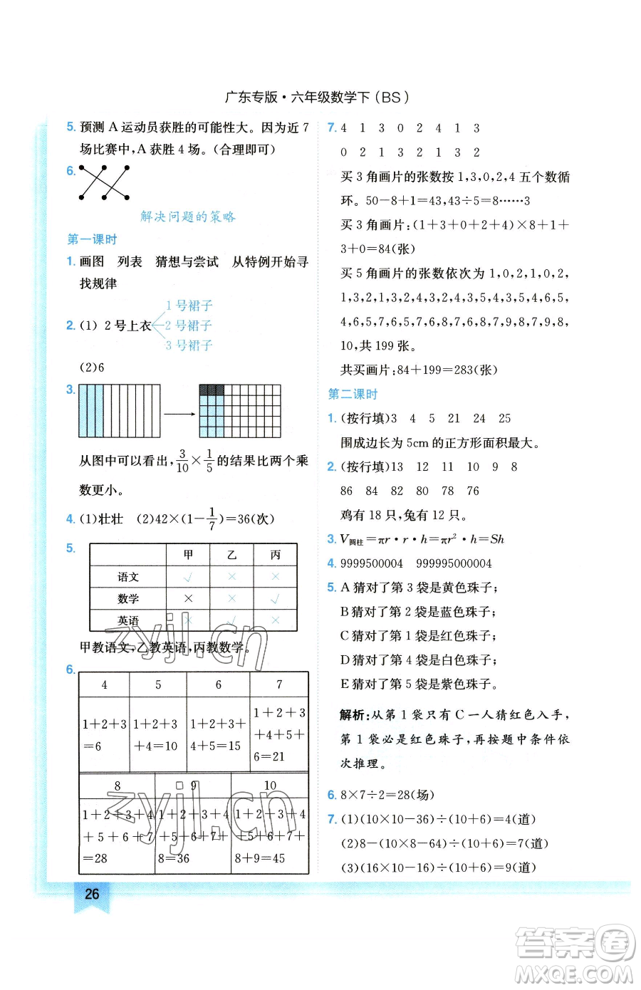 龍門書局2023黃岡小狀元作業(yè)本六年級下冊數(shù)學(xué)北師大版廣東專版參考答案