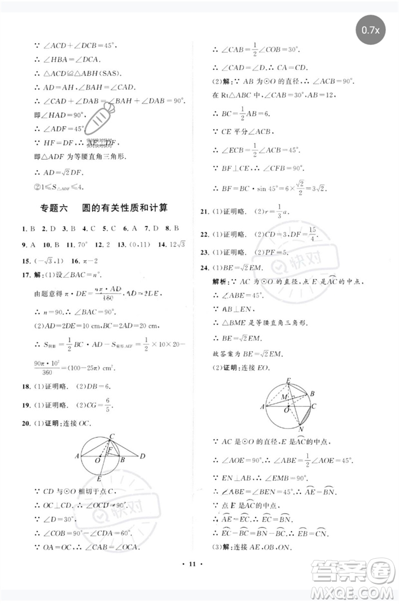 山東教育出版社2023初中總復(fù)習(xí)手冊(cè)分層專題卷九年級(jí)數(shù)學(xué)五四制通用版煙臺(tái)專版參考答案