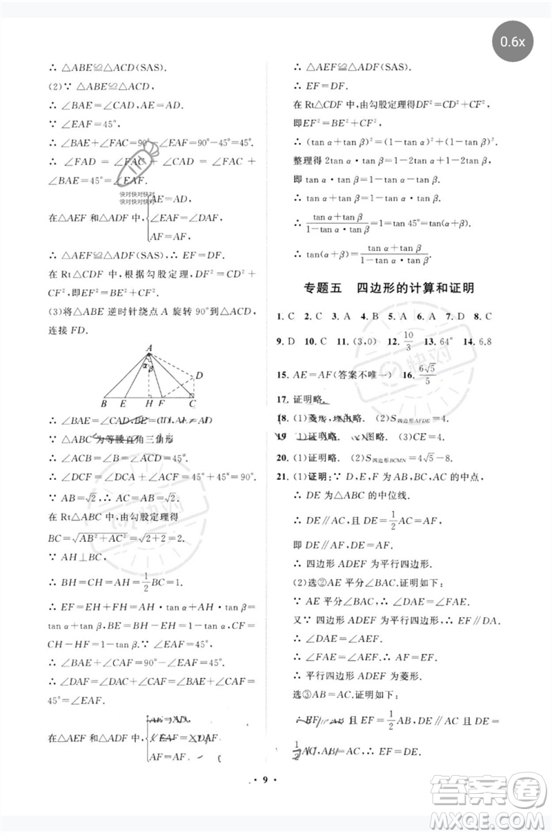 山東教育出版社2023初中總復(fù)習(xí)手冊(cè)分層專題卷九年級(jí)數(shù)學(xué)五四制通用版煙臺(tái)專版參考答案