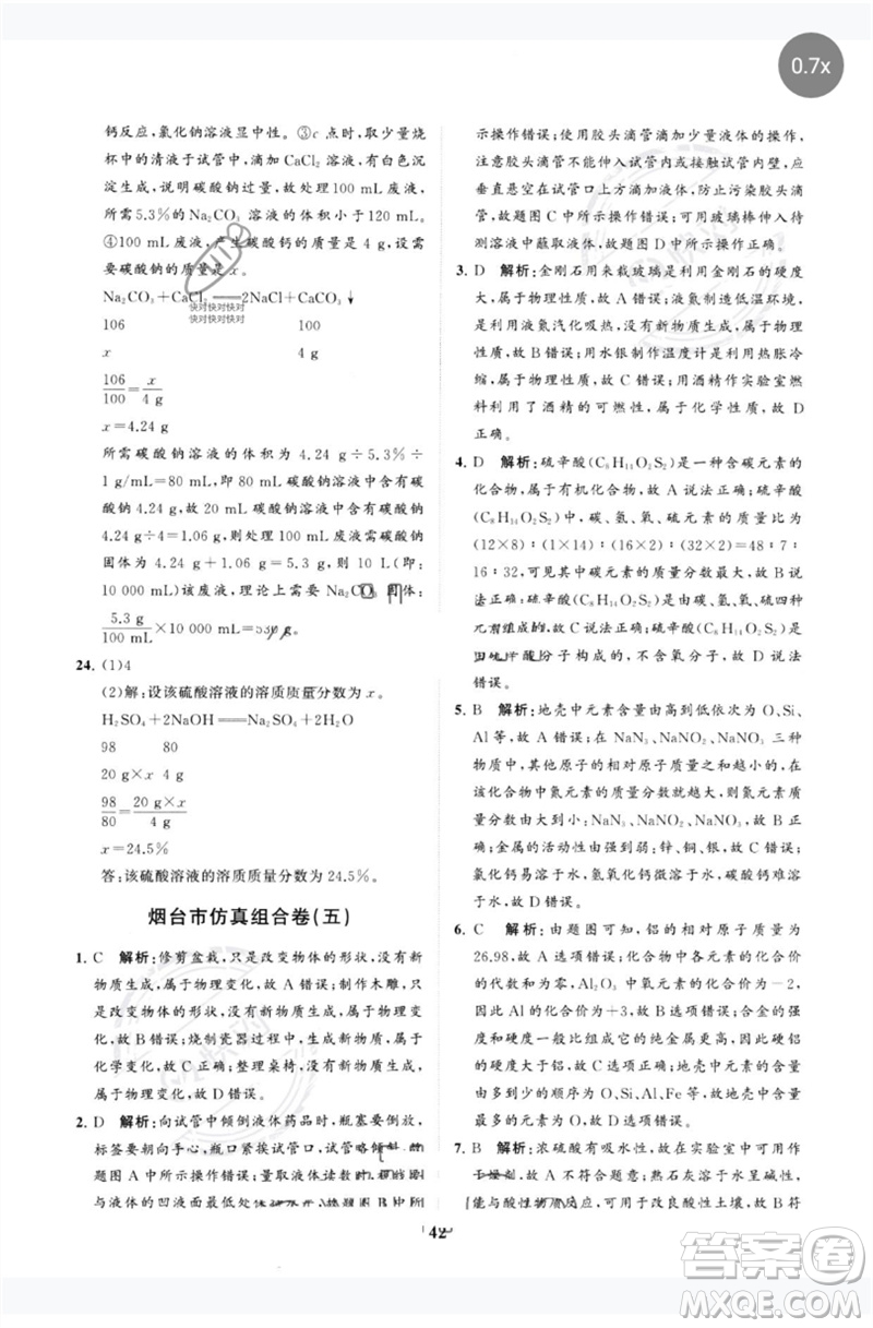 山東教育出版社2023初中總復習手冊分層專題卷九年級化學五四制通用版煙臺專版參考答案