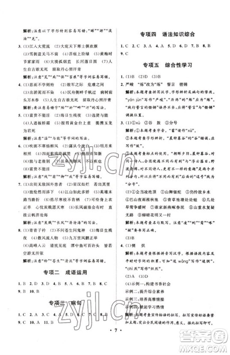 山東教育出版社2023初中總復(fù)習(xí)手冊分層專題卷九年級語文五四制通用版煙臺專版參考答案