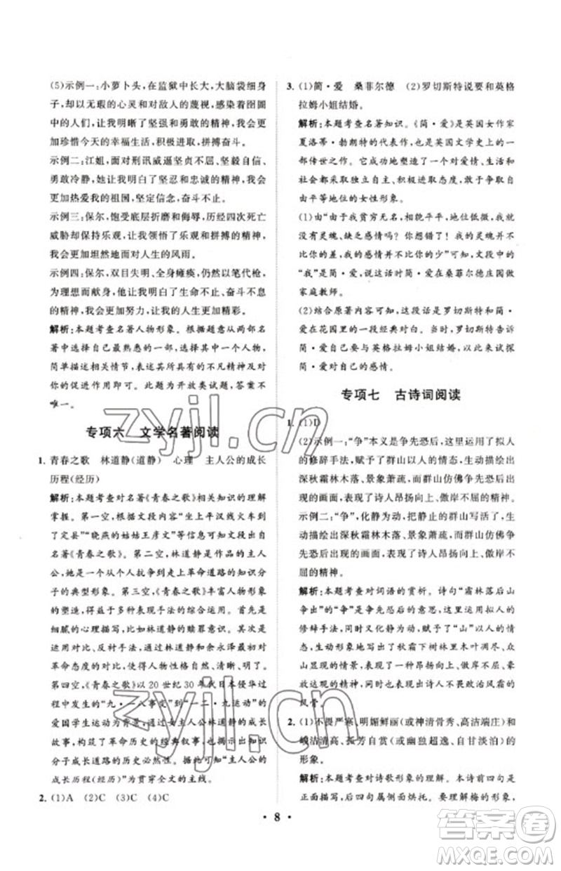 山東教育出版社2023初中總復(fù)習(xí)手冊分層專題卷九年級語文五四制通用版煙臺專版參考答案